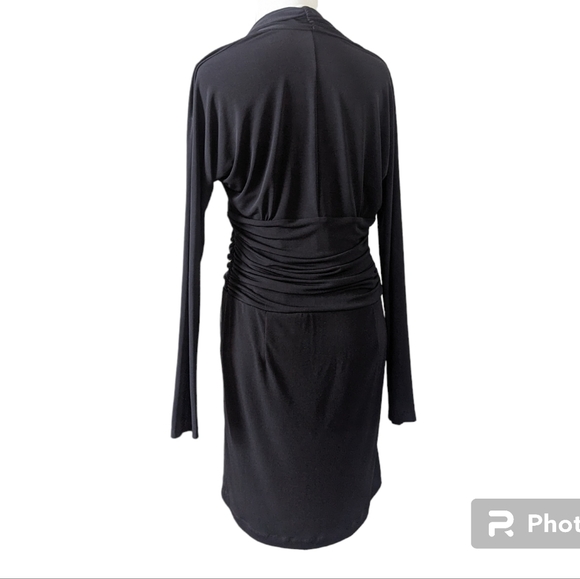 Boston Proper Dress Medium Andrea Begar Black Plunge Ruched Long Sleeve Cocktail - Picture 3 of 4